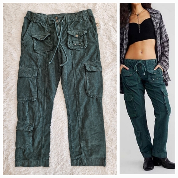 NWT FREE PEOPLE RARE Tahiti Cord Cargo Pants Dark Green SZ:L - Picture 1 of 12
